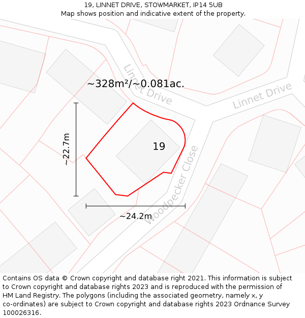 19, LINNET DRIVE, STOWMARKET, IP14 5UB: Plot and title map