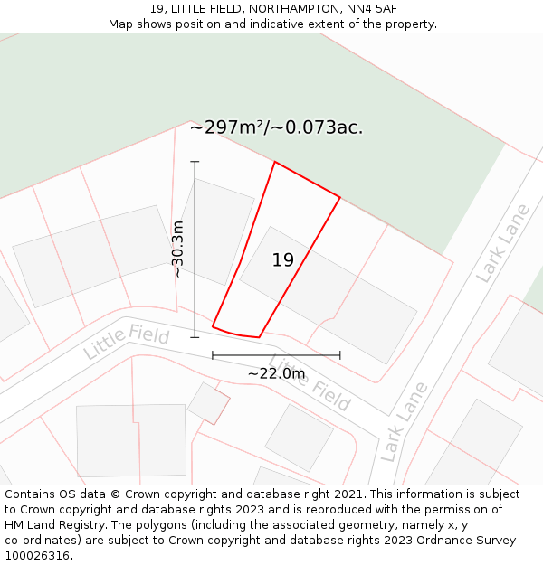 19, LITTLE FIELD, NORTHAMPTON, NN4 5AF: Plot and title map