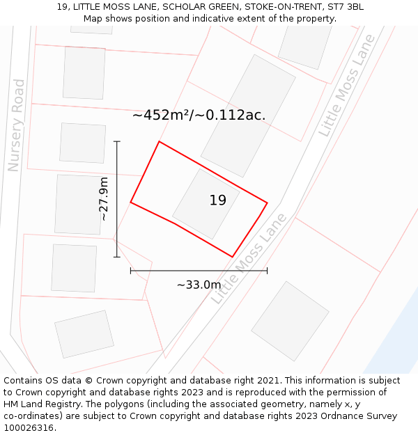 19, LITTLE MOSS LANE, SCHOLAR GREEN, STOKE-ON-TRENT, ST7 3BL: Plot and title map