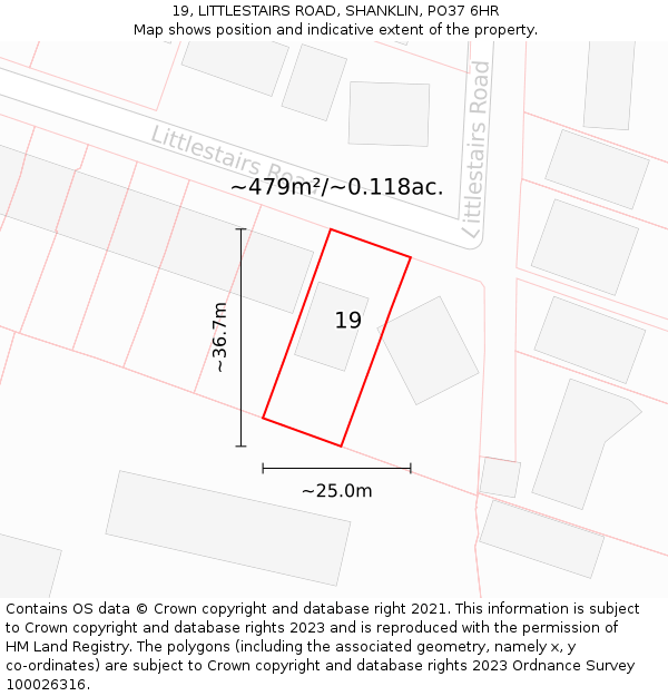 19, LITTLESTAIRS ROAD, SHANKLIN, PO37 6HR: Plot and title map