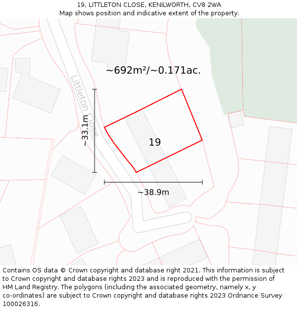 19, LITTLETON CLOSE, KENILWORTH, CV8 2WA: Plot and title map