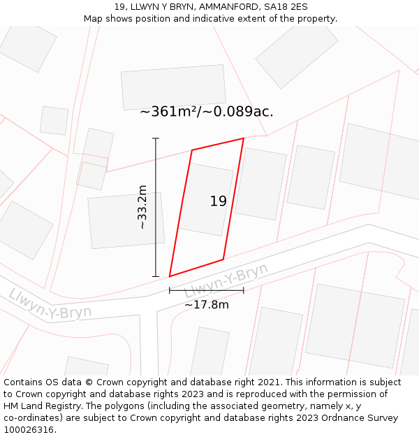 19, LLWYN Y BRYN, AMMANFORD, SA18 2ES: Plot and title map