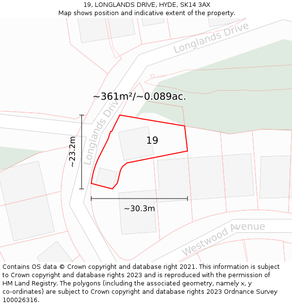 19, LONGLANDS DRIVE, HYDE, SK14 3AX: Plot and title map
