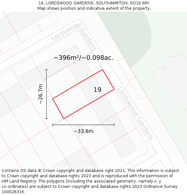 19, LORDSWOOD GARDENS, SOUTHAMPTON, SO16 6RY: Plot and title map