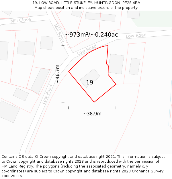 19, LOW ROAD, LITTLE STUKELEY, HUNTINGDON, PE28 4BA: Plot and title map