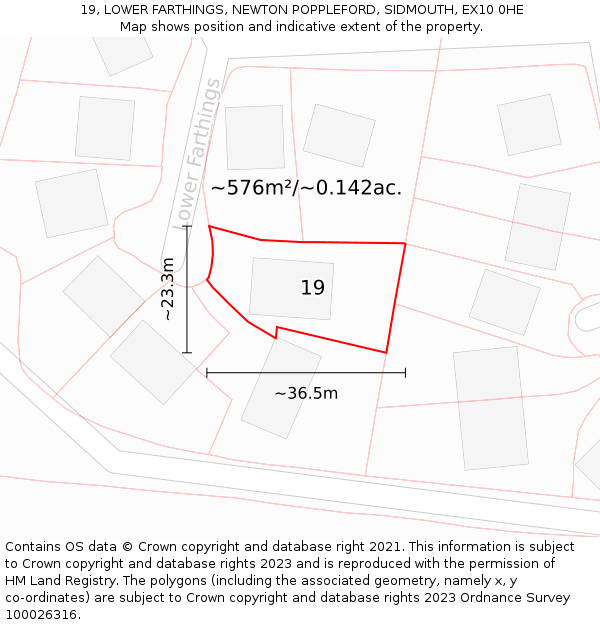 19, LOWER FARTHINGS, NEWTON POPPLEFORD, SIDMOUTH, EX10 0HE: Plot and title map