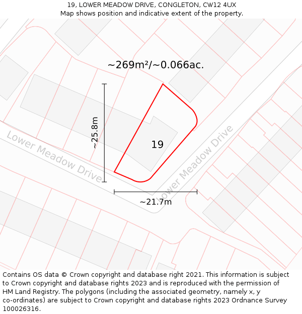 19, LOWER MEADOW DRIVE, CONGLETON, CW12 4UX: Plot and title map