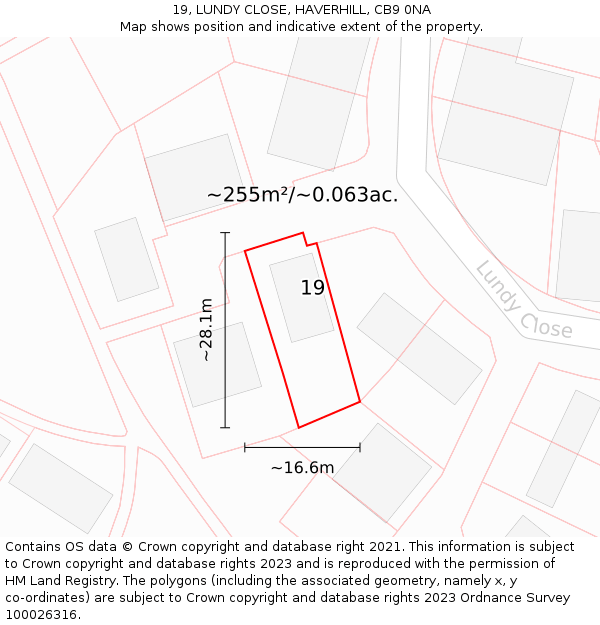 19, LUNDY CLOSE, HAVERHILL, CB9 0NA: Plot and title map