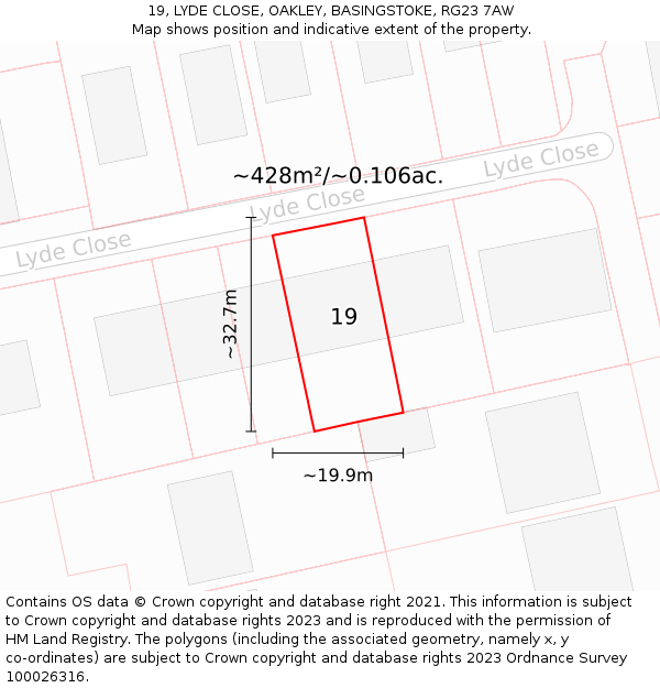 19, LYDE CLOSE, OAKLEY, BASINGSTOKE, RG23 7AW: Plot and title map