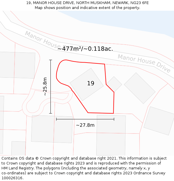 19, MANOR HOUSE DRIVE, NORTH MUSKHAM, NEWARK, NG23 6FE: Plot and title map