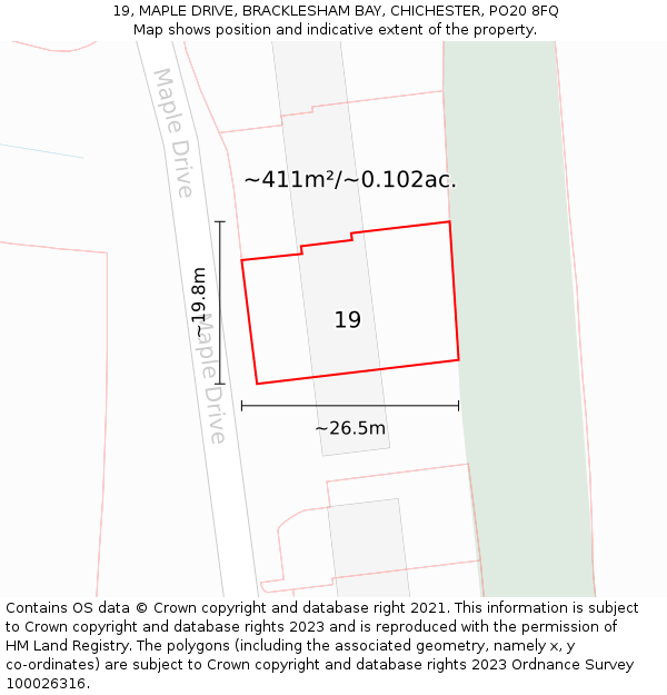 19, MAPLE DRIVE, BRACKLESHAM BAY, CHICHESTER, PO20 8FQ: Plot and title map