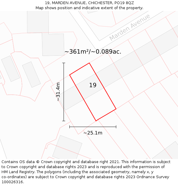 19, MARDEN AVENUE, CHICHESTER, PO19 8QZ: Plot and title map