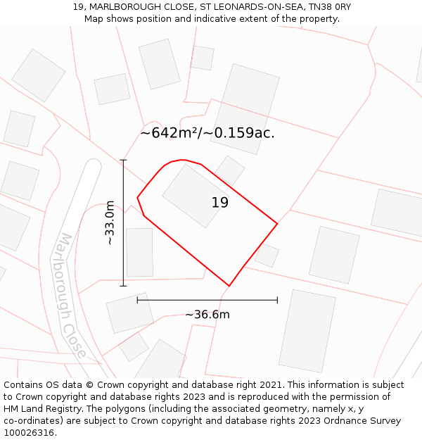 19, MARLBOROUGH CLOSE, ST LEONARDS-ON-SEA, TN38 0RY: Plot and title map