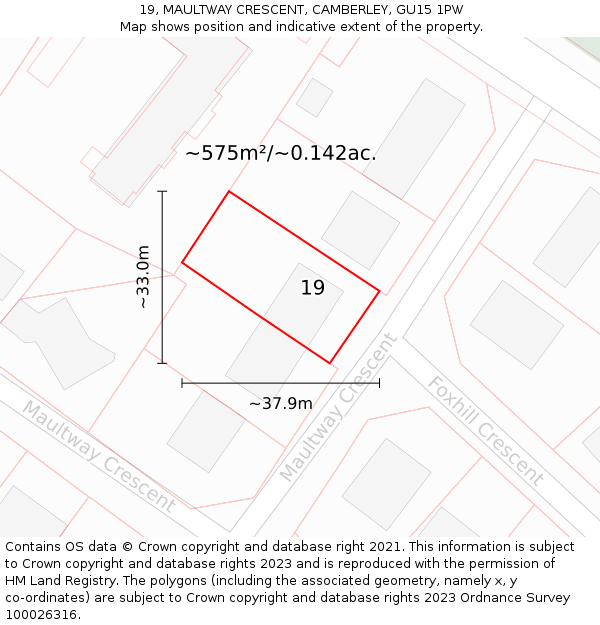 19, MAULTWAY CRESCENT, CAMBERLEY, GU15 1PW: Plot and title map