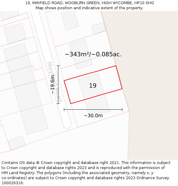 19, MAYFIELD ROAD, WOOBURN GREEN, HIGH WYCOMBE, HP10 0HG: Plot and title map