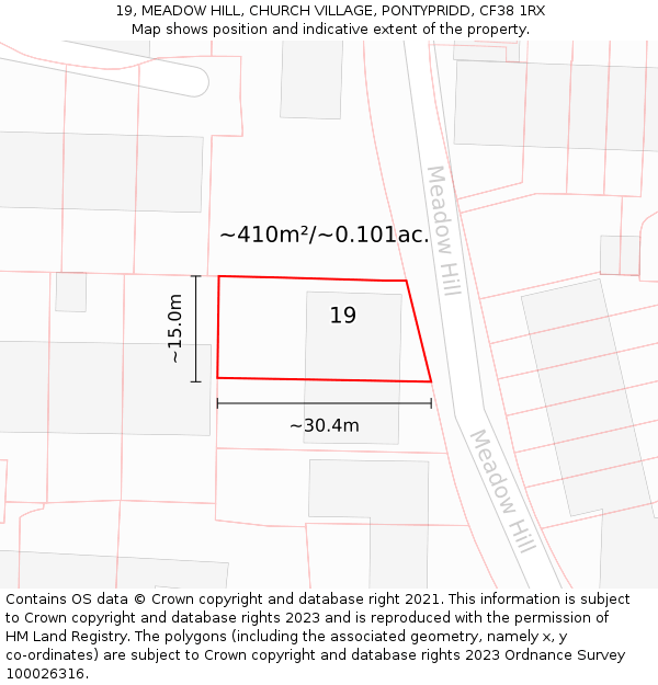 19, MEADOW HILL, CHURCH VILLAGE, PONTYPRIDD, CF38 1RX: Plot and title map