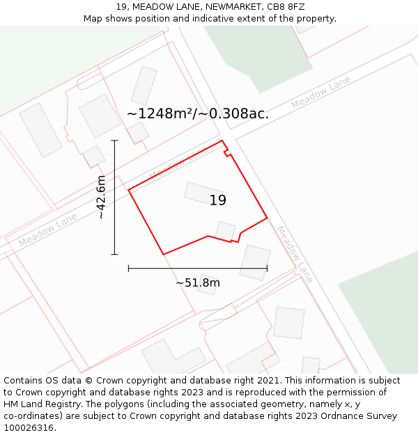 19, MEADOW LANE, NEWMARKET, CB8 8FZ: Plot and title map