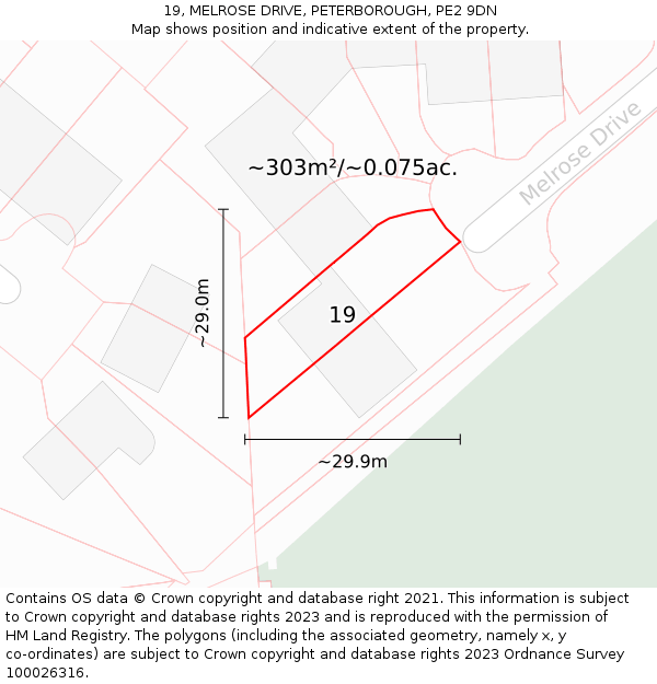 19, MELROSE DRIVE, PETERBOROUGH, PE2 9DN: Plot and title map