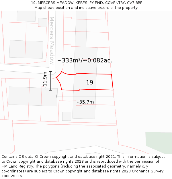19, MERCERS MEADOW, KERESLEY END, COVENTRY, CV7 8RF: Plot and title map