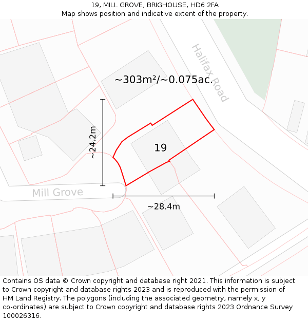 19, MILL GROVE, BRIGHOUSE, HD6 2FA: Plot and title map