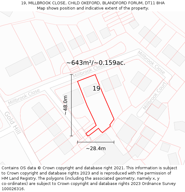 19, MILLBROOK CLOSE, CHILD OKEFORD, BLANDFORD FORUM, DT11 8HA: Plot and title map