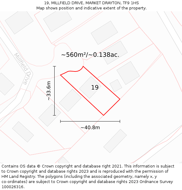 19, MILLFIELD DRIVE, MARKET DRAYTON, TF9 1HS: Plot and title map