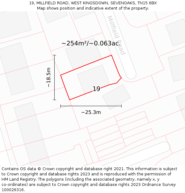 19, MILLFIELD ROAD, WEST KINGSDOWN, SEVENOAKS, TN15 6BX: Plot and title map