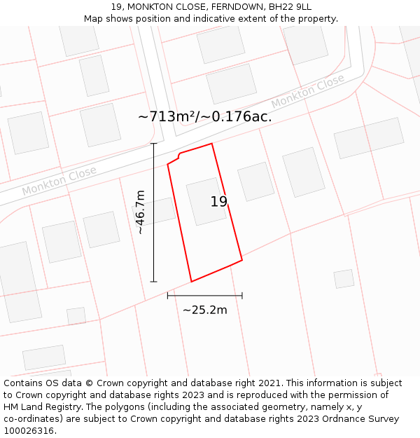 19, MONKTON CLOSE, FERNDOWN, BH22 9LL: Plot and title map