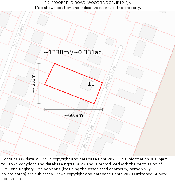 19, MOORFIELD ROAD, WOODBRIDGE, IP12 4JN: Plot and title map