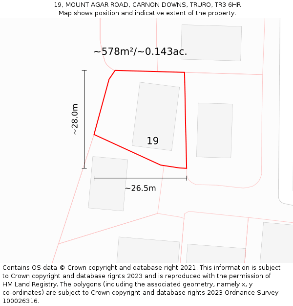 19, MOUNT AGAR ROAD, CARNON DOWNS, TRURO, TR3 6HR: Plot and title map