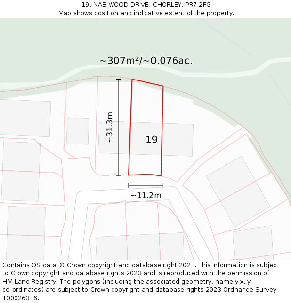 19, NAB WOOD DRIVE, CHORLEY, PR7 2FG: Plot and title map