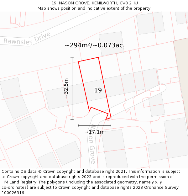 19, NASON GROVE, KENILWORTH, CV8 2HU: Plot and title map