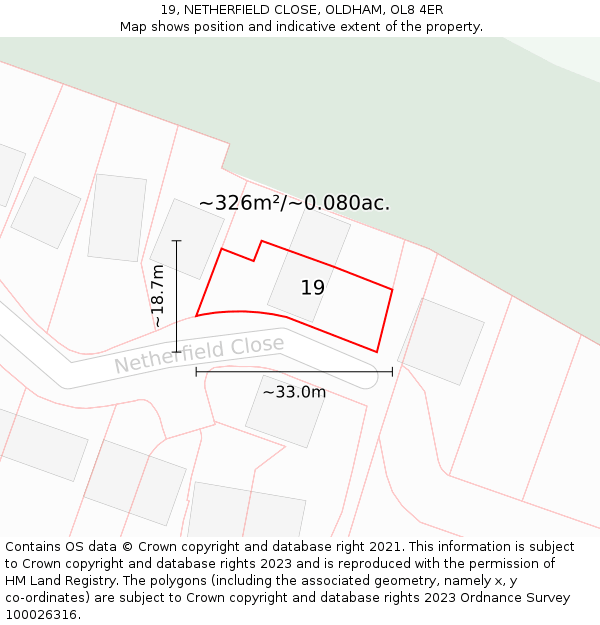 19, NETHERFIELD CLOSE, OLDHAM, OL8 4ER: Plot and title map