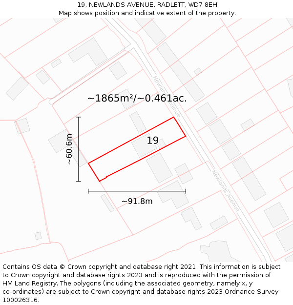 19, NEWLANDS AVENUE, RADLETT, WD7 8EH: Plot and title map