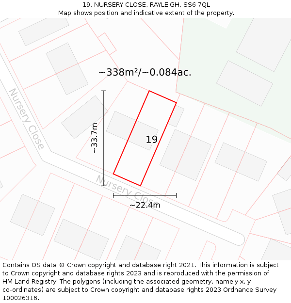 19, NURSERY CLOSE, RAYLEIGH, SS6 7QL: Plot and title map