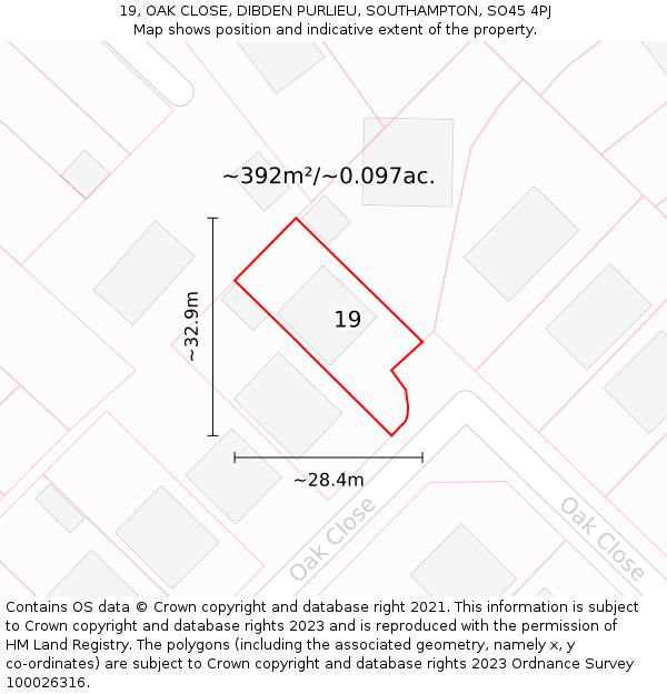 19, OAK CLOSE, DIBDEN PURLIEU, SOUTHAMPTON, SO45 4PJ: Plot and title map