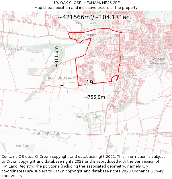 19, OAK CLOSE, HEXHAM, NE46 2RE: Plot and title map