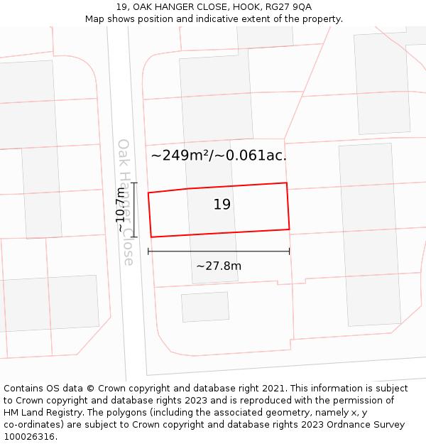 19, OAK HANGER CLOSE, HOOK, RG27 9QA: Plot and title map