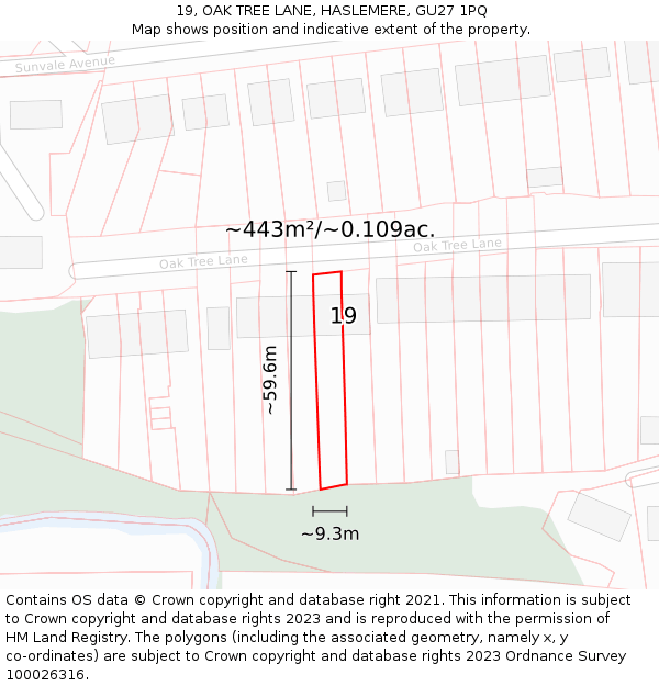 19, OAK TREE LANE, HASLEMERE, GU27 1PQ: Plot and title map