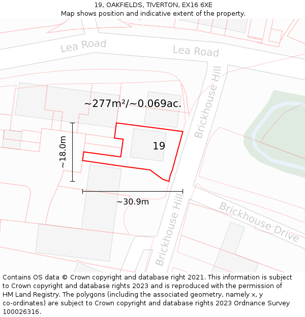 19, OAKFIELDS, TIVERTON, EX16 6XE: Plot and title map