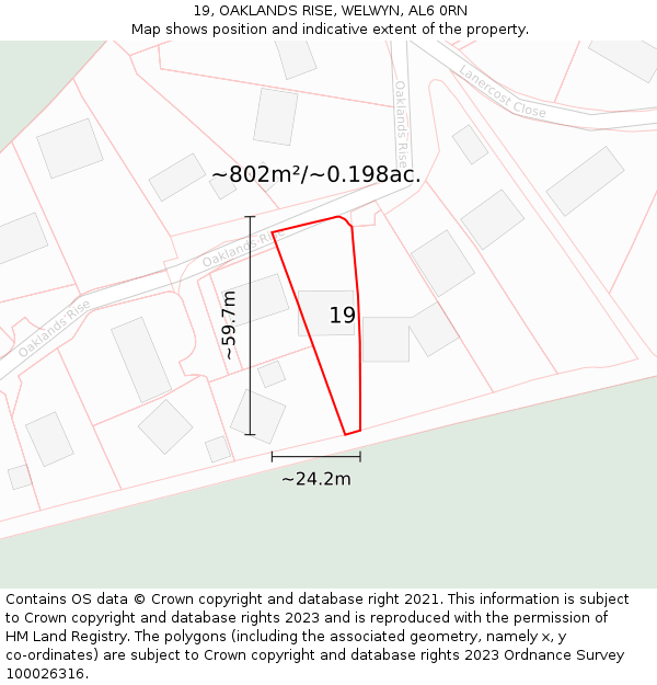 19, OAKLANDS RISE, WELWYN, AL6 0RN: Plot and title map