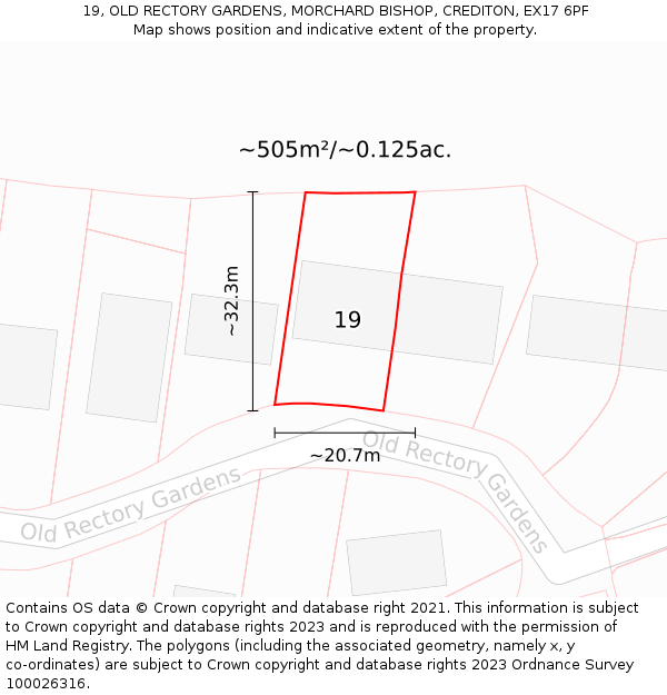 19, OLD RECTORY GARDENS, MORCHARD BISHOP, CREDITON, EX17 6PF: Plot and title map