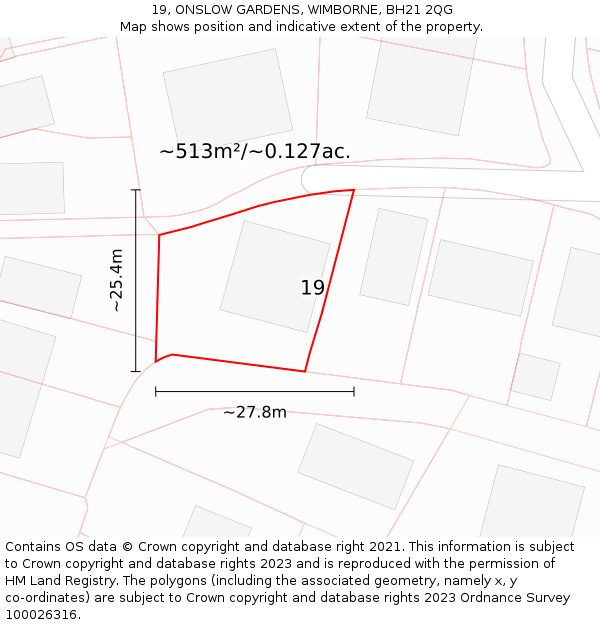 19, ONSLOW GARDENS, WIMBORNE, BH21 2QG: Plot and title map
