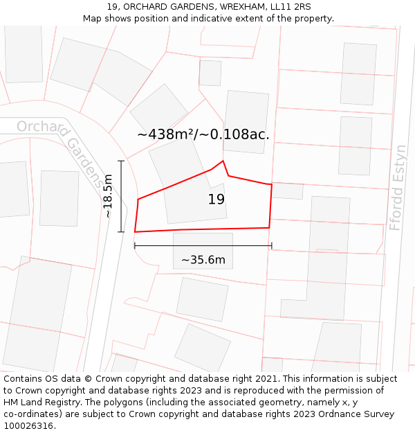 19, ORCHARD GARDENS, WREXHAM, LL11 2RS: Plot and title map