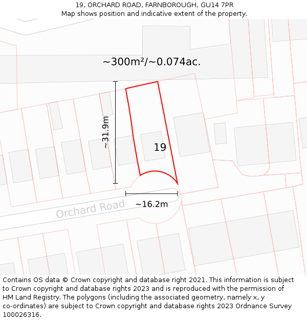 19, ORCHARD ROAD, FARNBOROUGH, GU14 7PR: Plot and title map