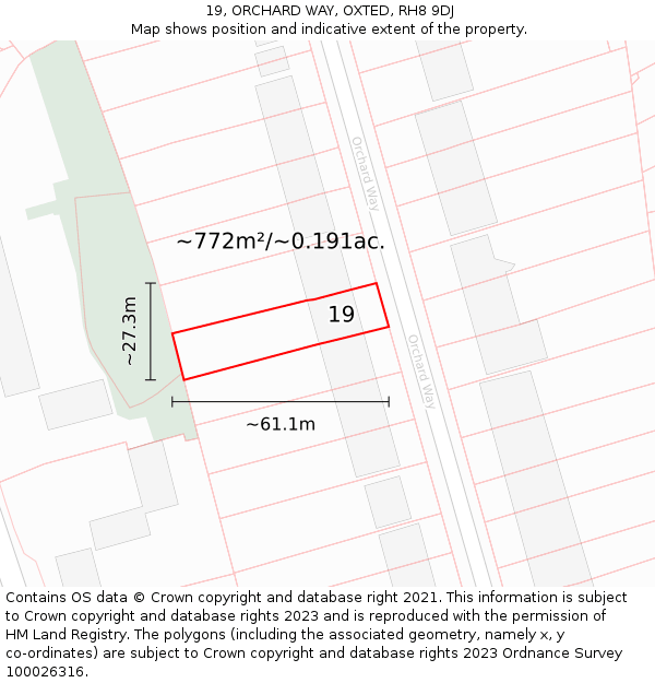 19, ORCHARD WAY, OXTED, RH8 9DJ: Plot and title map