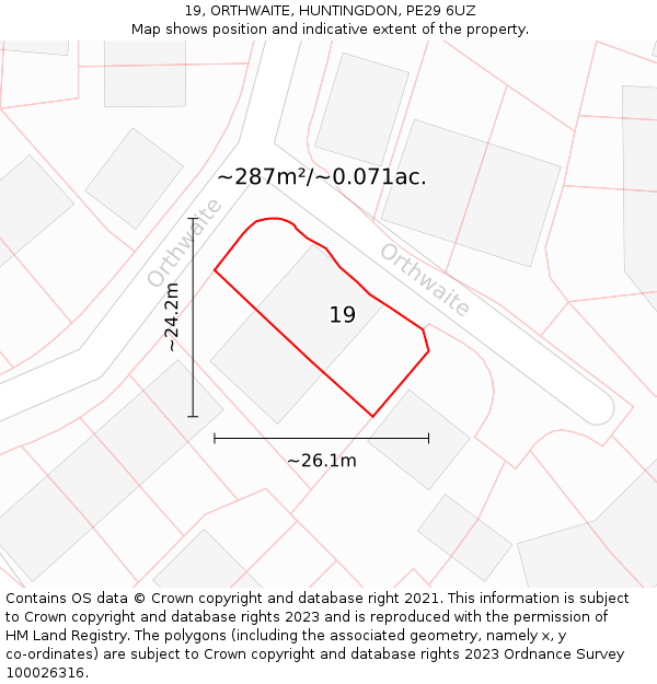 19, ORTHWAITE, HUNTINGDON, PE29 6UZ: Plot and title map