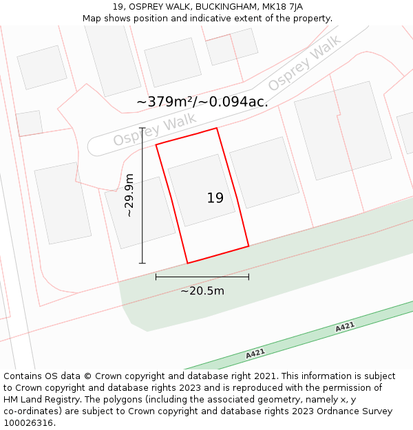 19, OSPREY WALK, BUCKINGHAM, MK18 7JA: Plot and title map