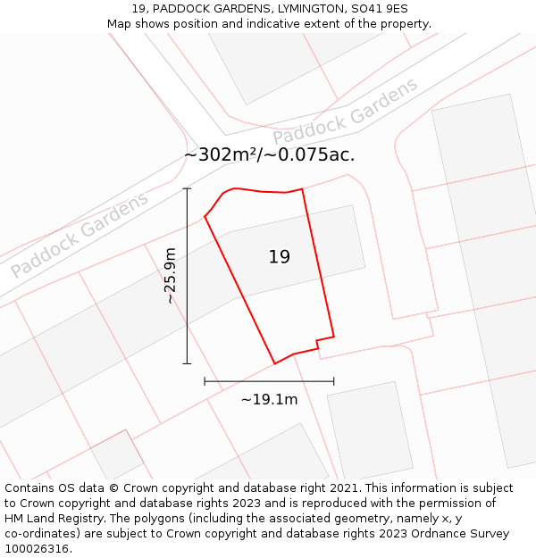 19, PADDOCK GARDENS, LYMINGTON, SO41 9ES: Plot and title map