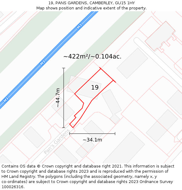 19, PANS GARDENS, CAMBERLEY, GU15 1HY: Plot and title map